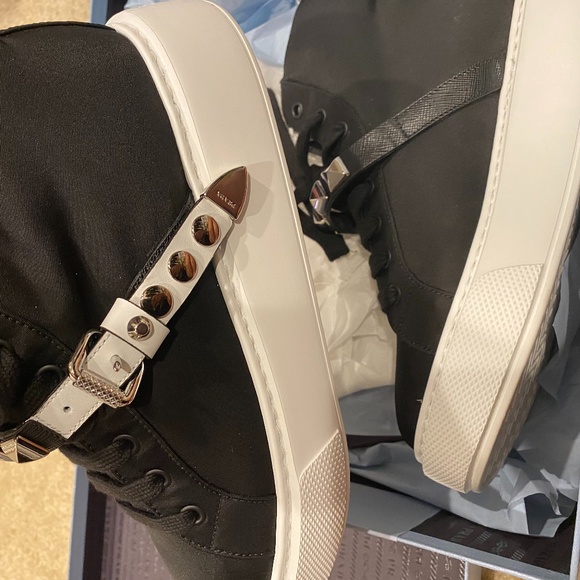 Prada  Black Tessuto Studded Strap High Sneaker - Picture 7 of 8